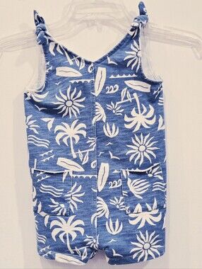 Grayson Mini Blue and White Tropical Print Knot-Strap Romper Sz3